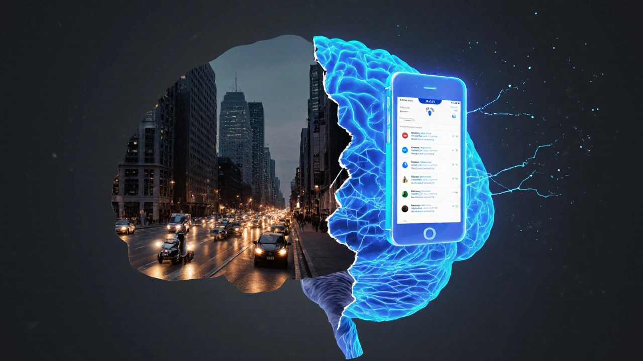 Gehirn mit zwei Seiten: eine konzentriert auf Straße, andere auf Smartphone – Symbol für Ablenkung.
