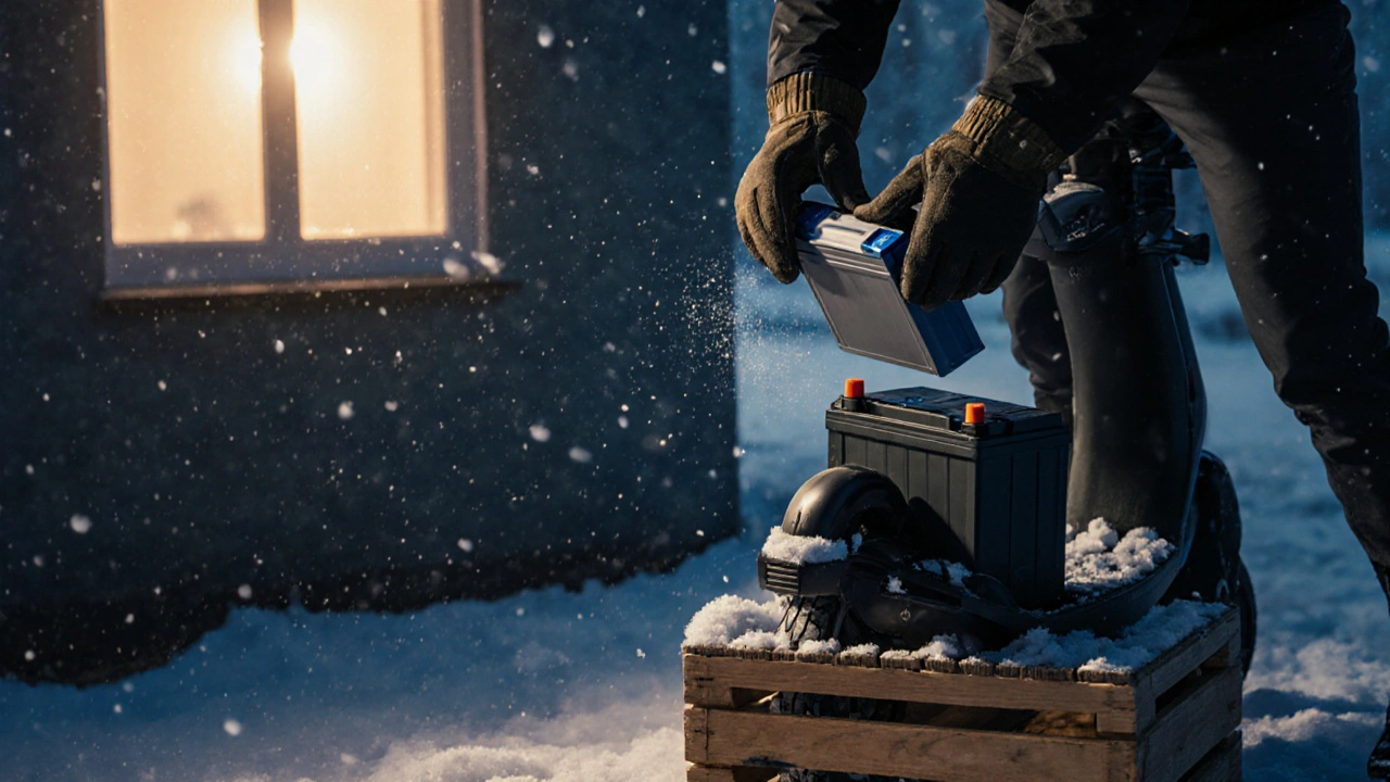 Hand nimmt Akku aus Elektroroller heraus, Frost in der Luft, Roller steht auf Holzblock draußen.