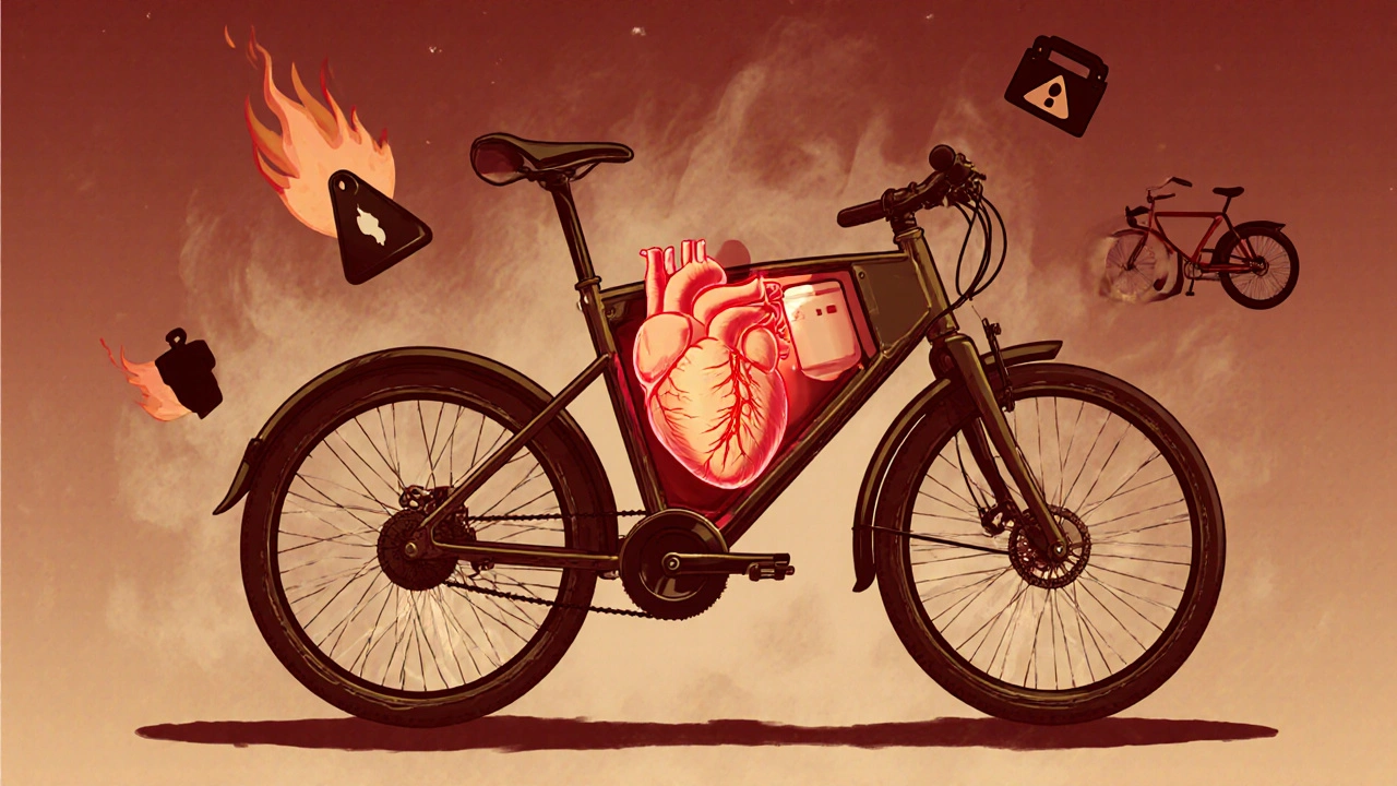 Herz als Symbol für den Akku, sicher im Fahrrahmen verborgen, Schutz vor Gefahren.