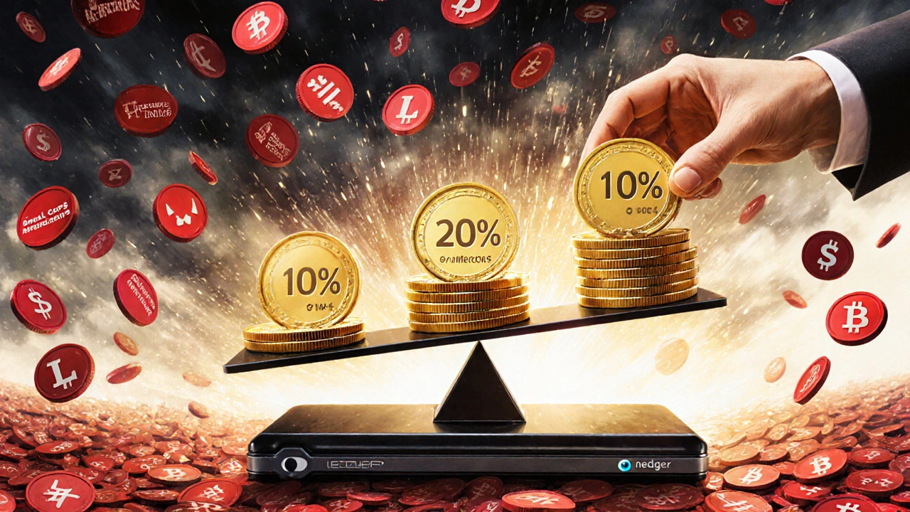 Investor placing scaled investments on a balance while risky coins fall in the background.