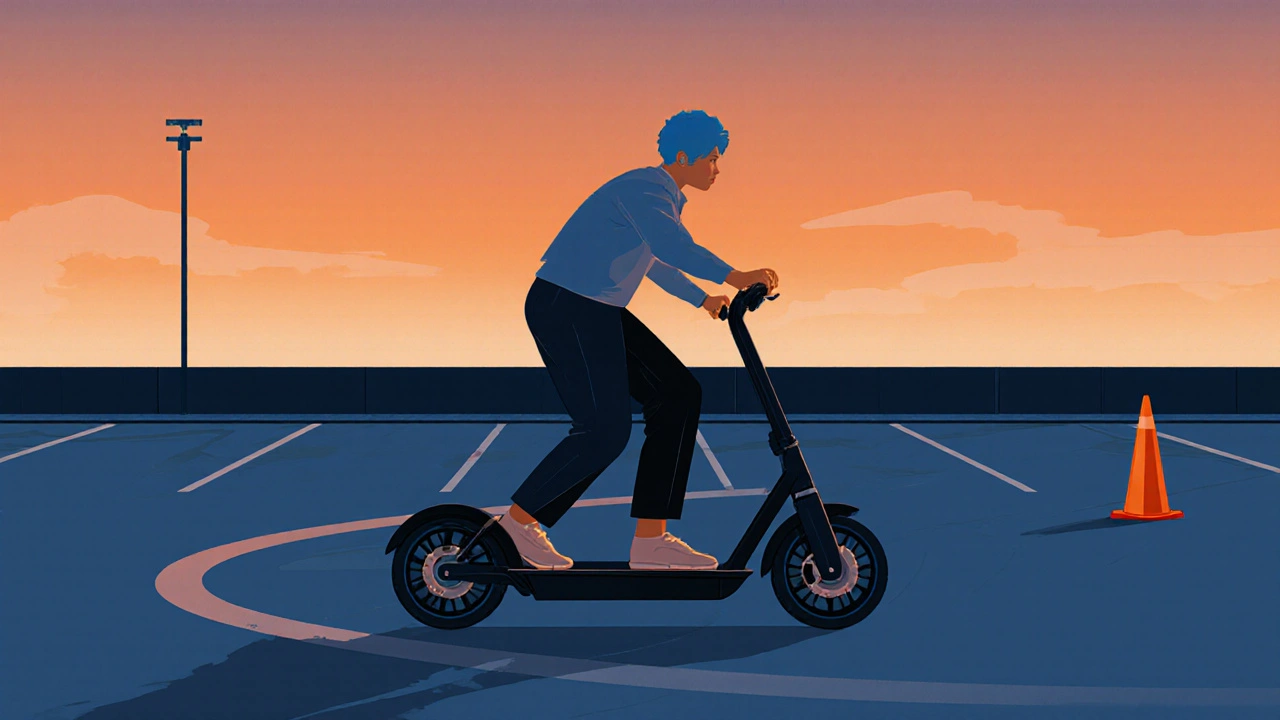 Jemand übt das Fahren eines E-Rollers auf einem leeren Parkplatz bei Dämmerung.
