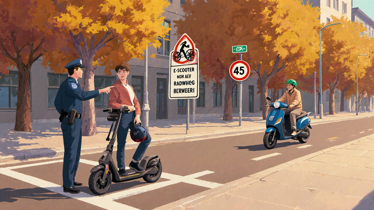 Junge auf E-Scooter auf Radweg, Polizeibeamter weist auf Verkehrszeichen hin, klarer Unterschied zwischen Gehweg und Radweg.