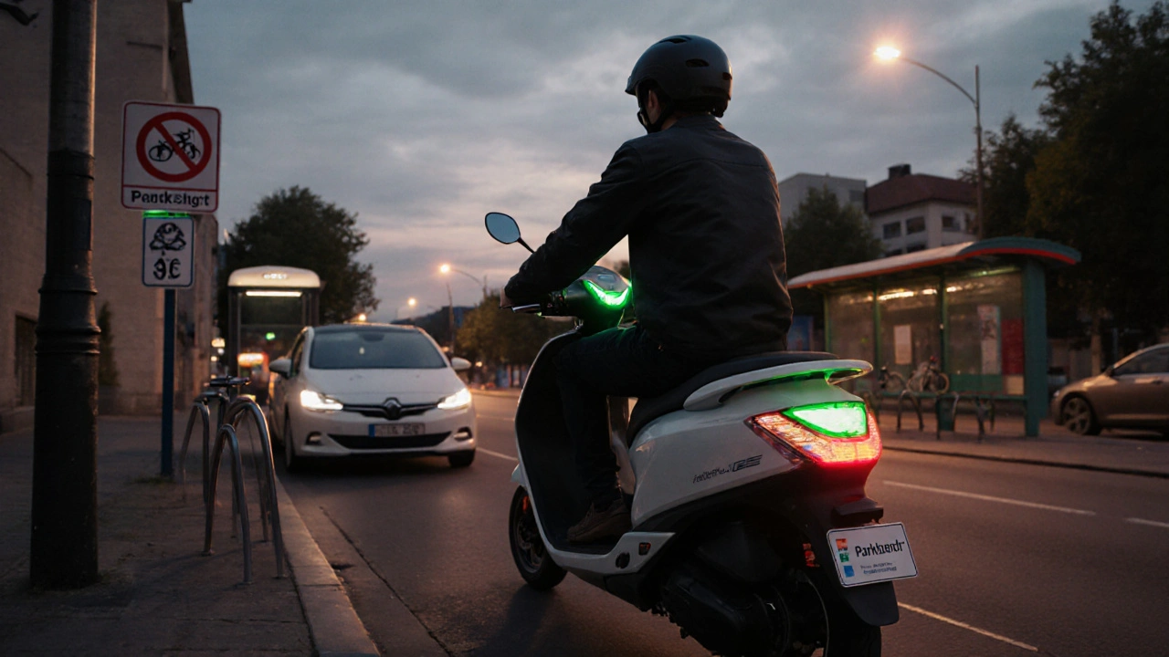Junge fährt Elektroroller durch deutsche Stadt, Helm und Versicherungskennzeichen sichtbar
