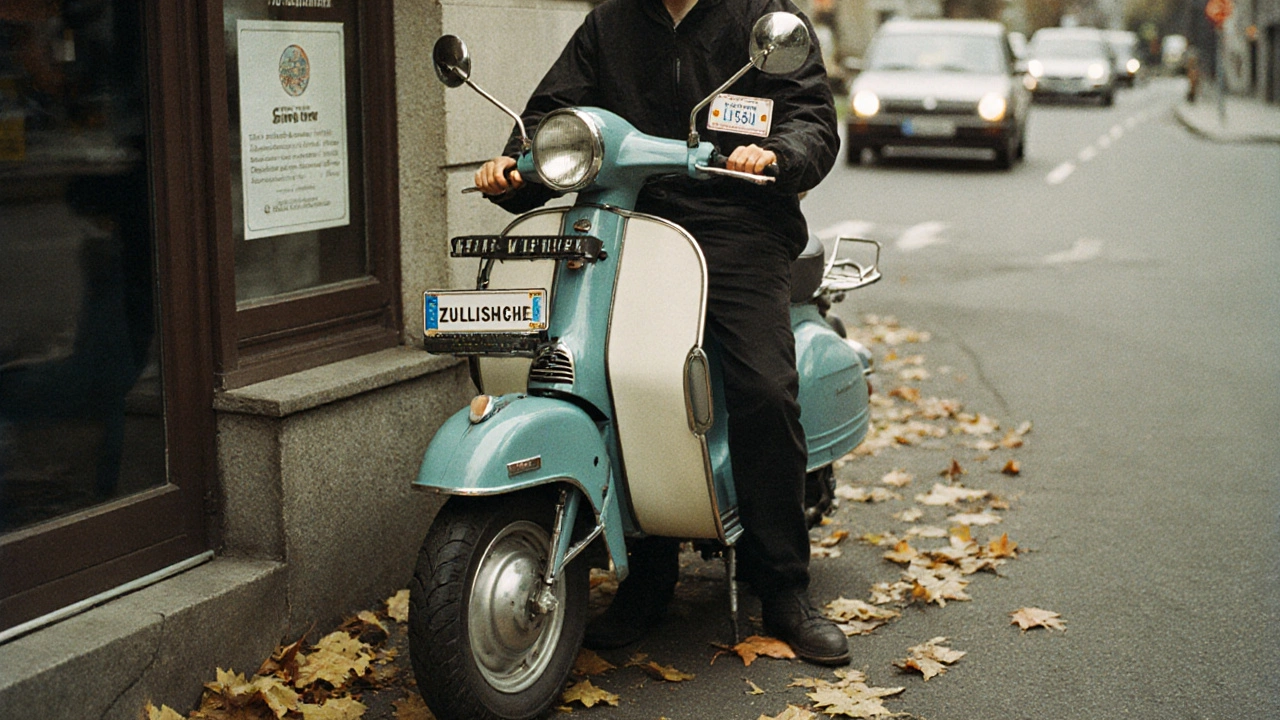 Klassisches Simson Mofa vor einem Zulassungsamt mit Prüfbescheinigung und Kennzeichen.