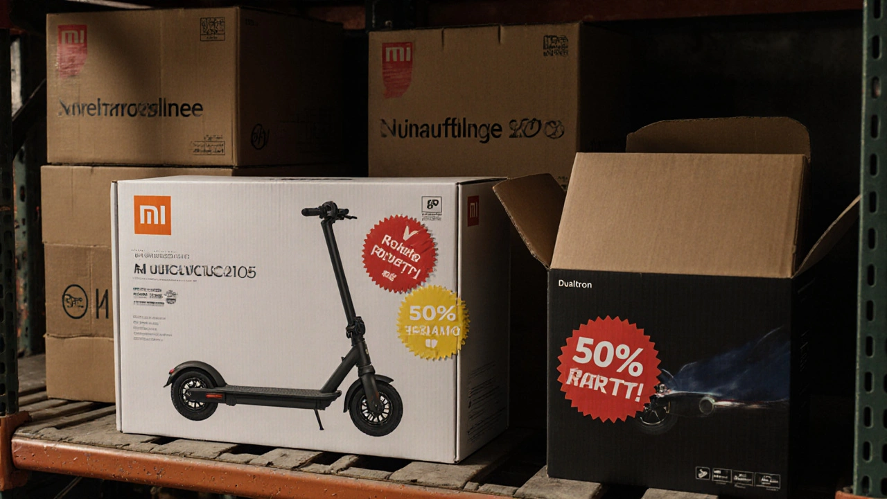 Lagerregal mit reduzierten Elektrorollern, Rabattaufkleber, Verpackungen mit &#039;Neuauflage 2025&#039;.
