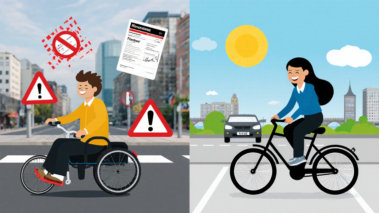 Linker Teil: Kabinenroller ohne Führerschein mit Warnsymbolen; rechter Teil: gleicher Fahrer mit gültigem Schein und Versicherungskennzeichen.