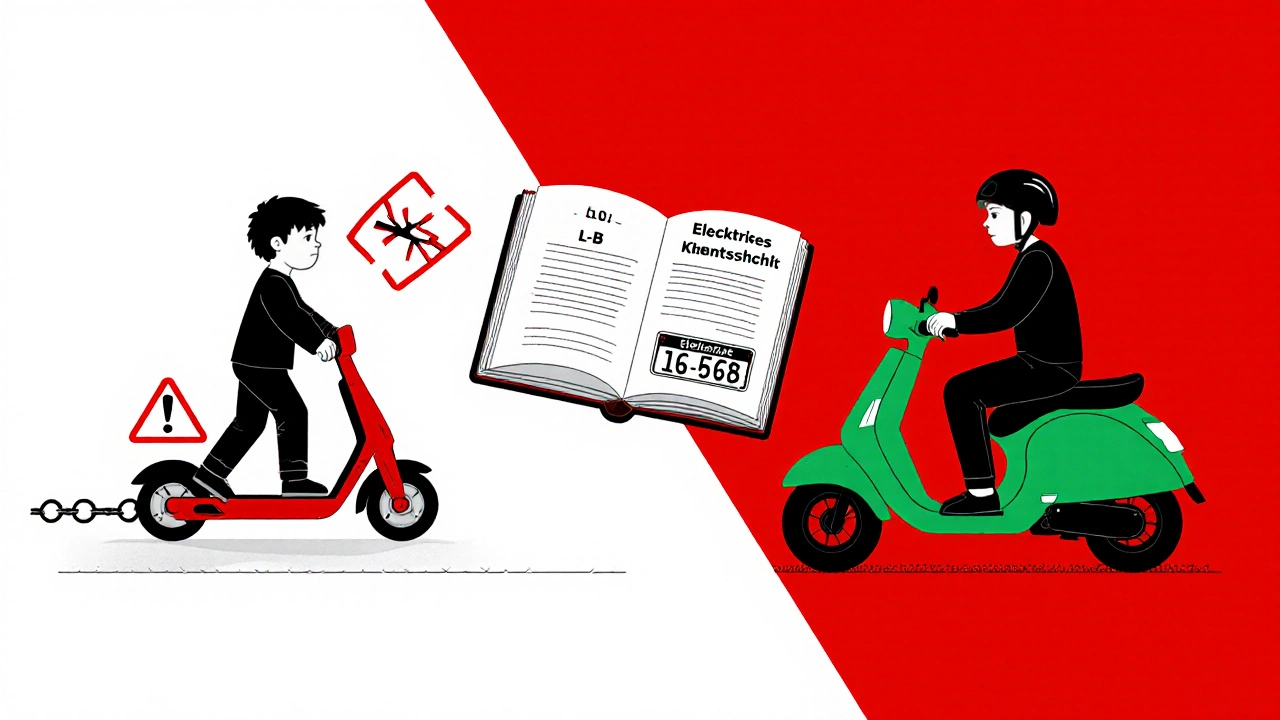 Linker Teil: Kind auf illegalem E-Scooter auf Gehweg; rechter Teil: Jugendlicher mit Helm auf legalem E-Roller auf Radweg.