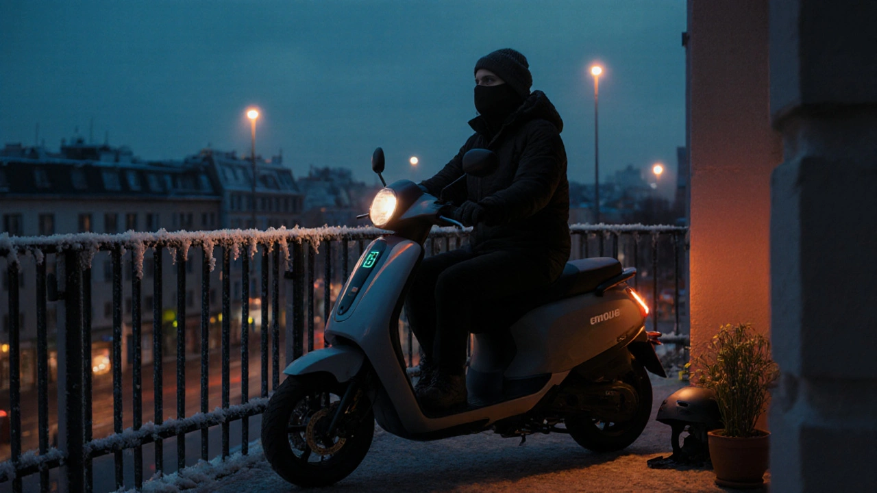 Mensch fährt abends mit Elektroroller auf Balkon, Stadtlichter, Frost, Helm und Ladegerät daneben.