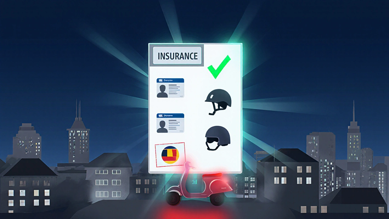 Minimale Checkliste mit legalen Pflichten für E-Roller: Versicherungsplakette, Ausweis, Führerschein, Helm.
