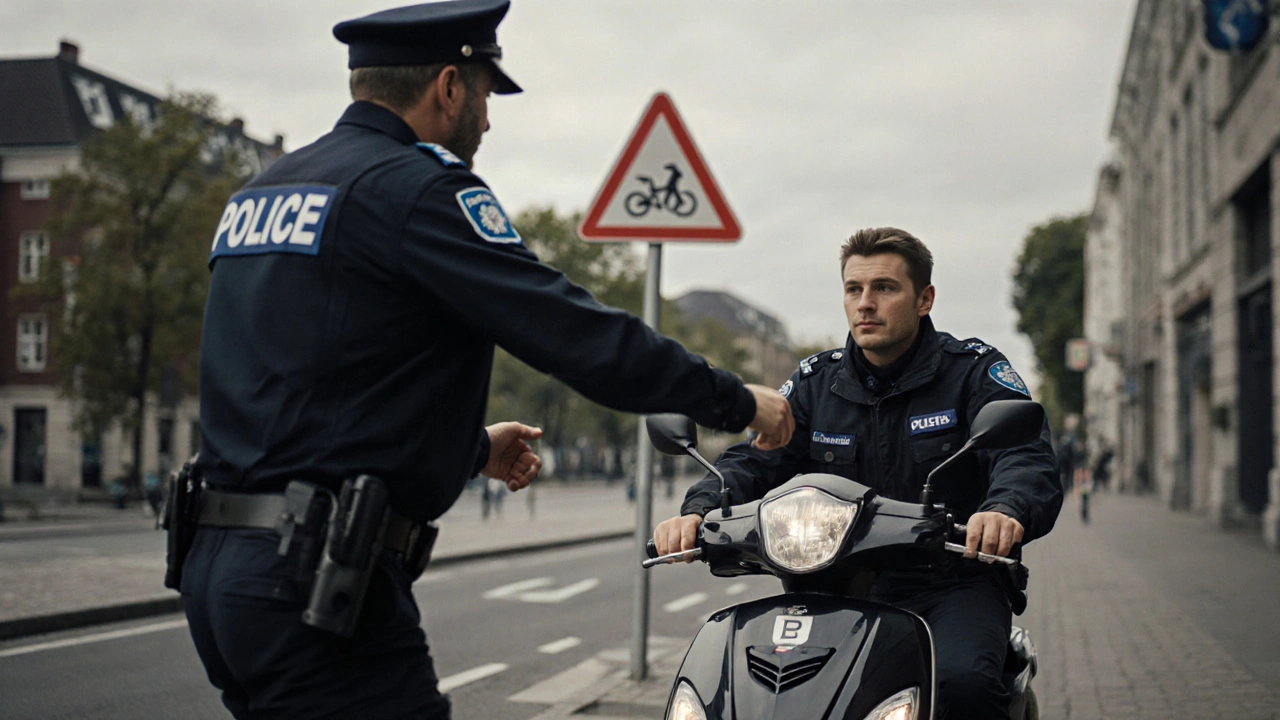 Polizist hält einen Fahrer eines 45 km/h-Elektrorollers an – offizielle Zulassungskennzeichnung sichtbar.