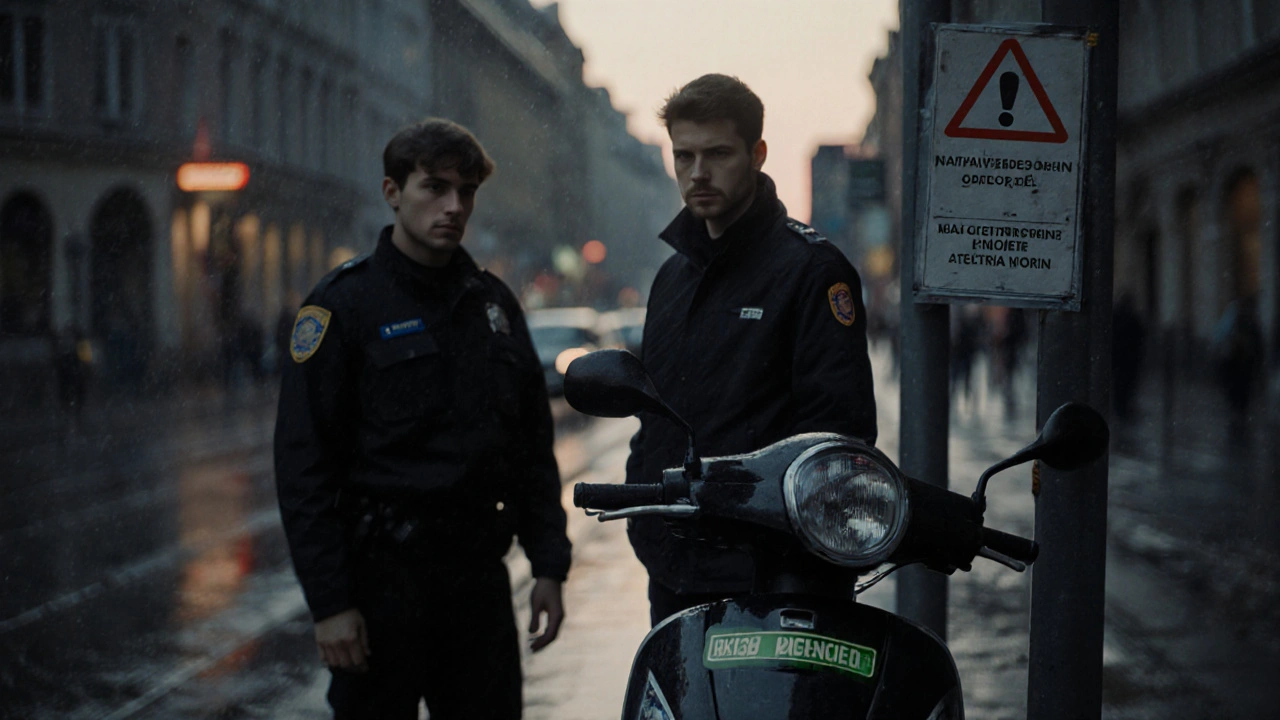 Polizist sichert einen illegalen E-Roller mit 45 km/h, Fahrer wirkt besorgt.