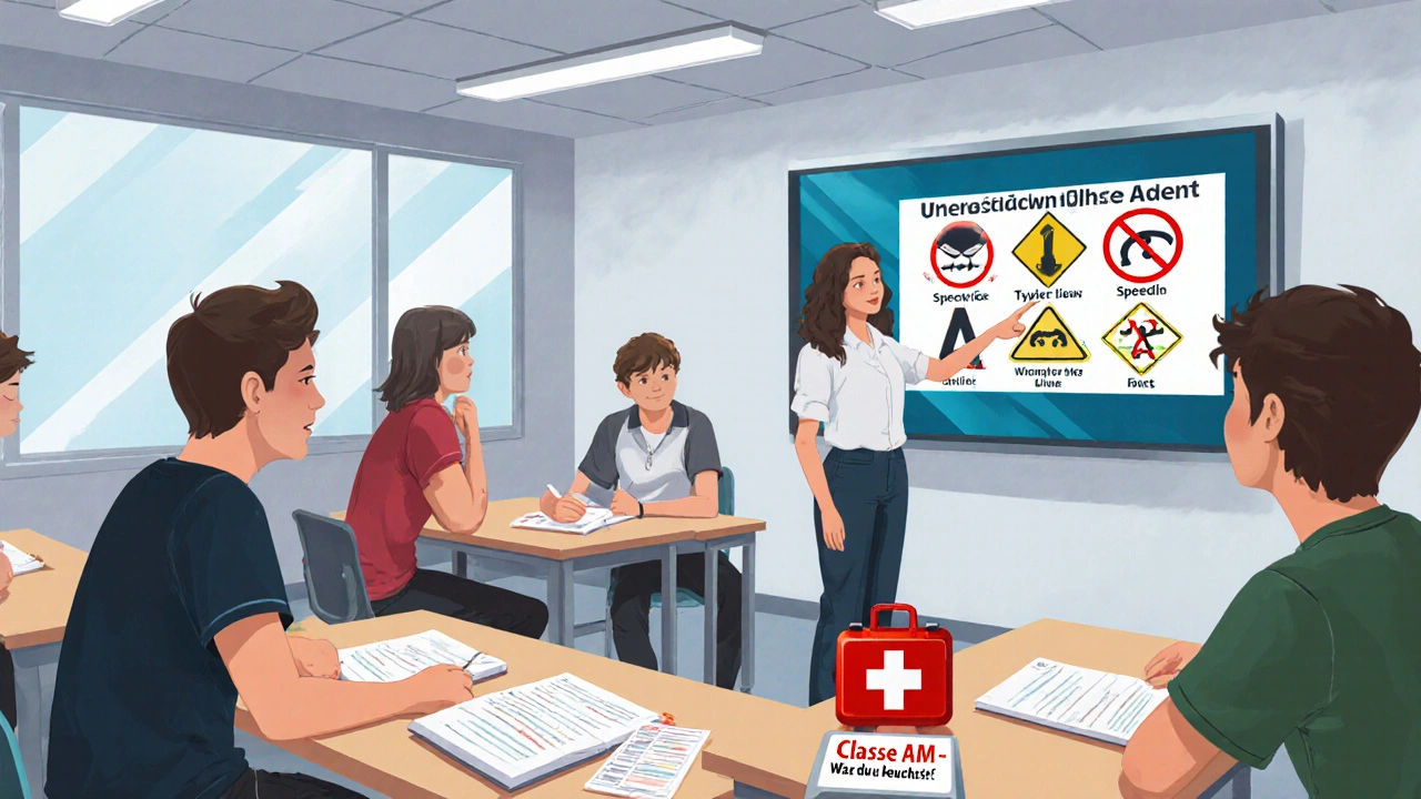 Schüler in Fahrschule bei Theorieunterricht, Verkehrszeichen auf Bildschirm