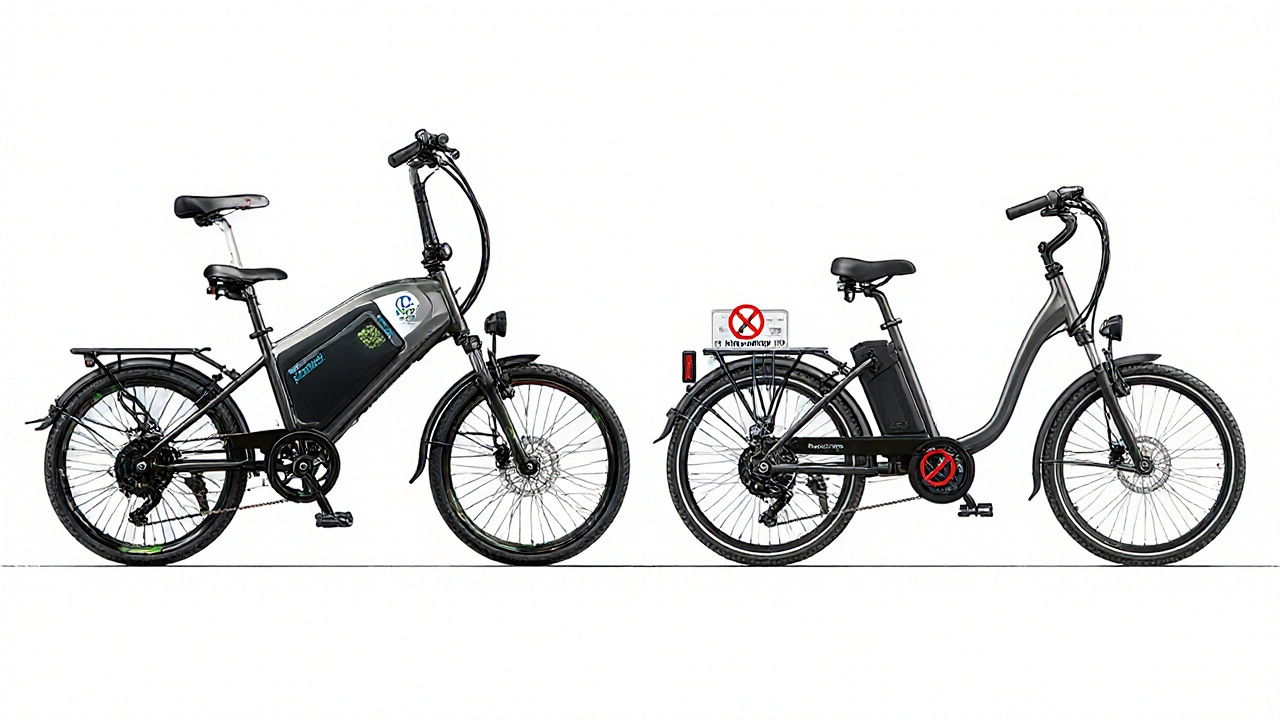 Side-by-side comparison of a Pedelec without throttle and an E-Bike with throttle and license plate.