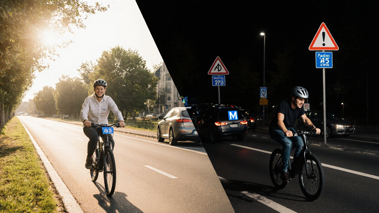Split scene: Pedelec on bike path vs. S-Pedelec on street with helmet and insurance sticker.