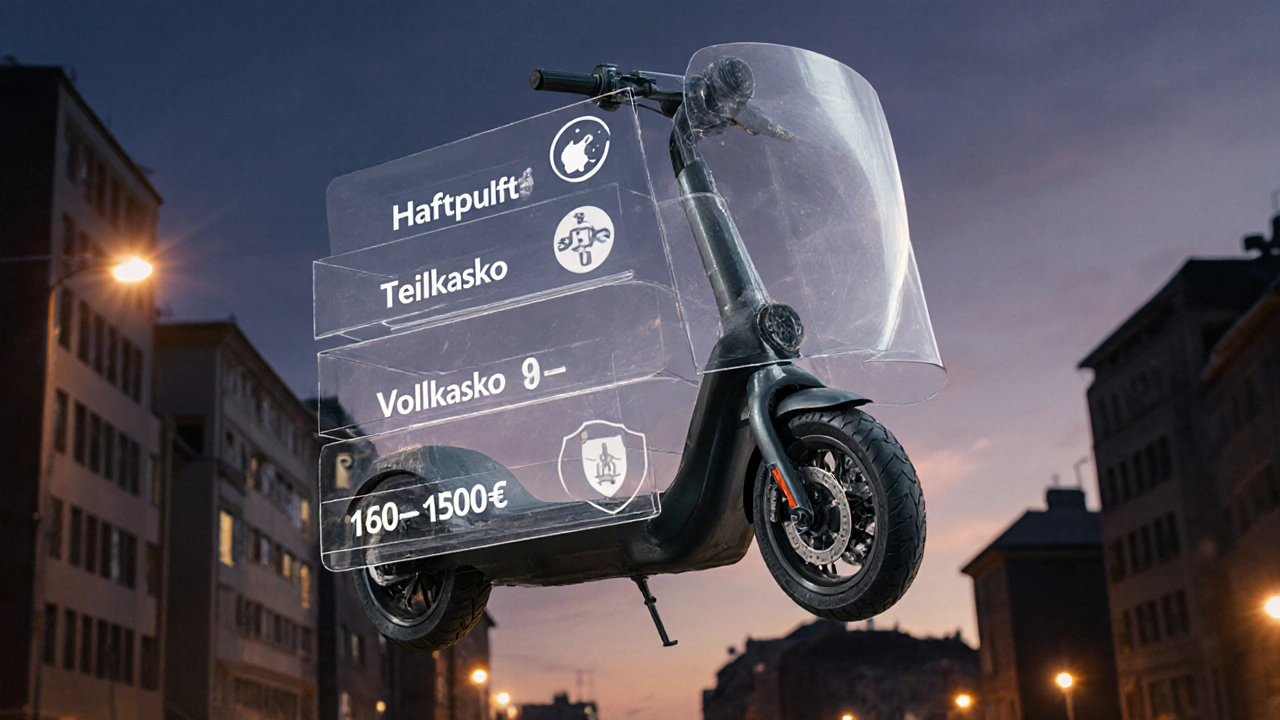 Transparenz-Darstellung eines E-Scooters mit drei Schutzschichten und Kostenangaben in Euro.