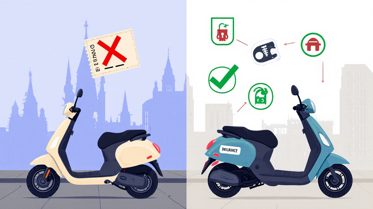 Vergleich: E-Scooter ohne Versicherung mit Strafzettel vs. mit Versicherungsschutz-Icons.