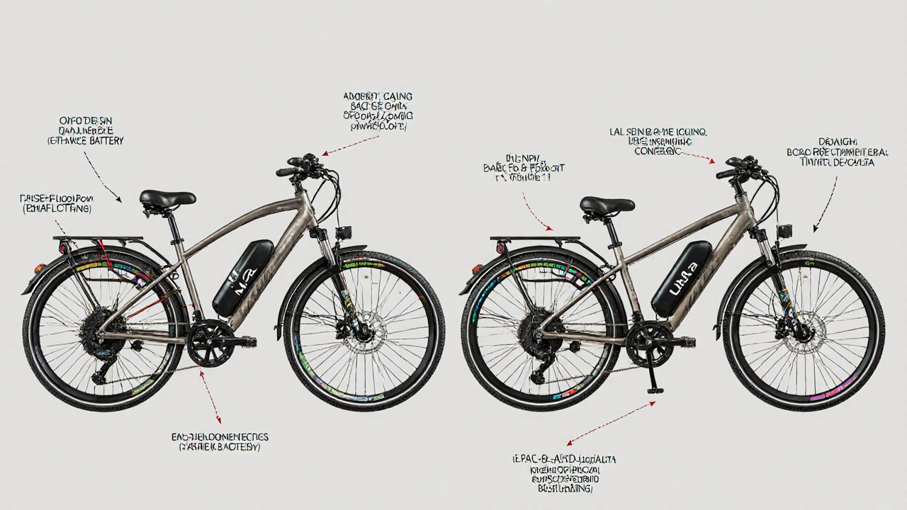 Vergleich eines alten Mifa- und eines neuen UrbanRide-E-Bikes mit hervorgehobenen technischen Verbesserungen.