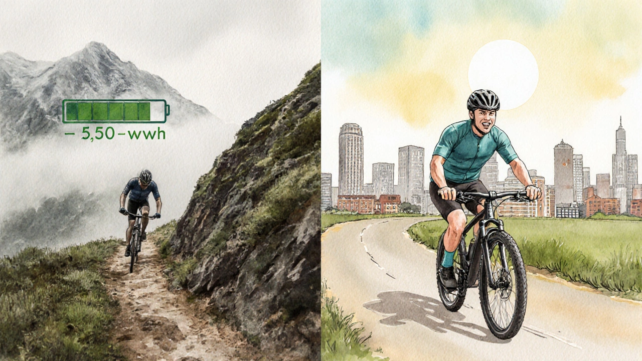 Vergleich: Radfahrer kämpft bergauf mit schwachem Akku vs. flache Strecke mit starkem Akku.