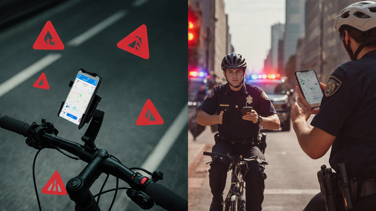 Vergleich: Sicherer E-Scooter mit Halterung links, gefährliche Handy-Nutzung rechts mit Polizei.