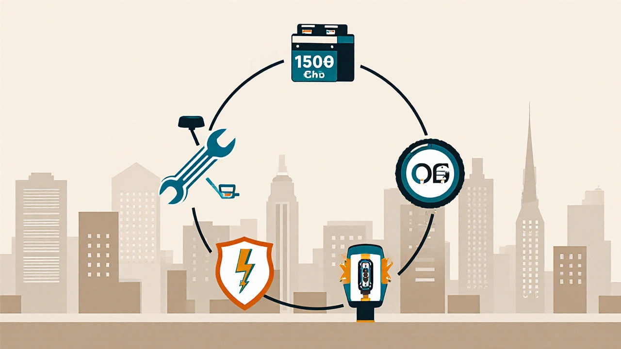 Visuelle Darstellung der jährlichen Kosten eines E-Bikes in fünf Symbolen: Akku, Schraubenschlüssel, Schild, Blitz und Reifen.