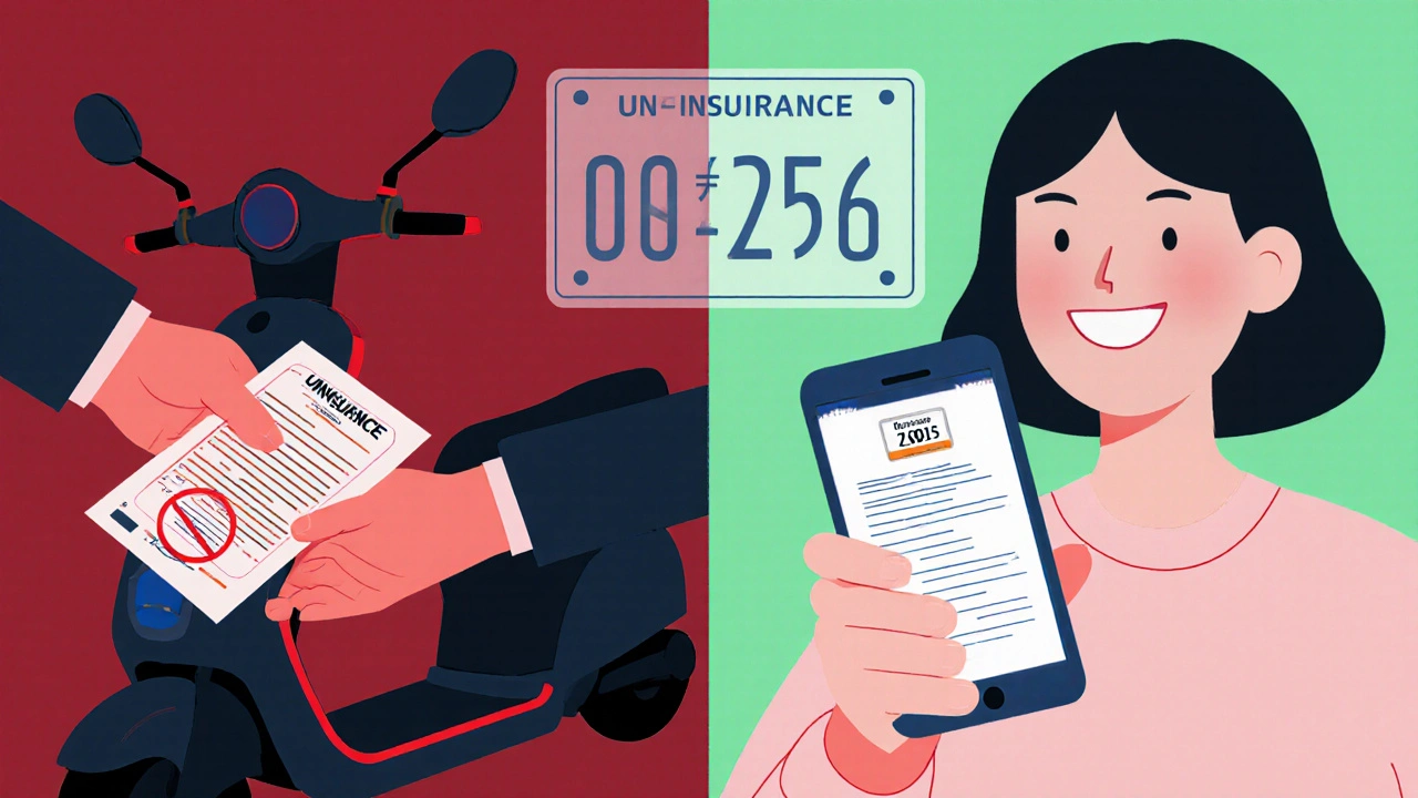 Zwei Szenen: Eine Person erhält ein Bußgeld, die andere zeigt eine digitale Versicherungsbestätigung auf dem Handy.