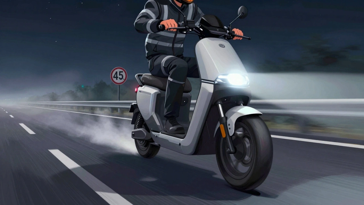 Apollo City Pro auf Autobahn bei Nacht, 45 km/h, Scheinwerferlicht durch Nebel, Fahrer in reflektierender Kleidung.