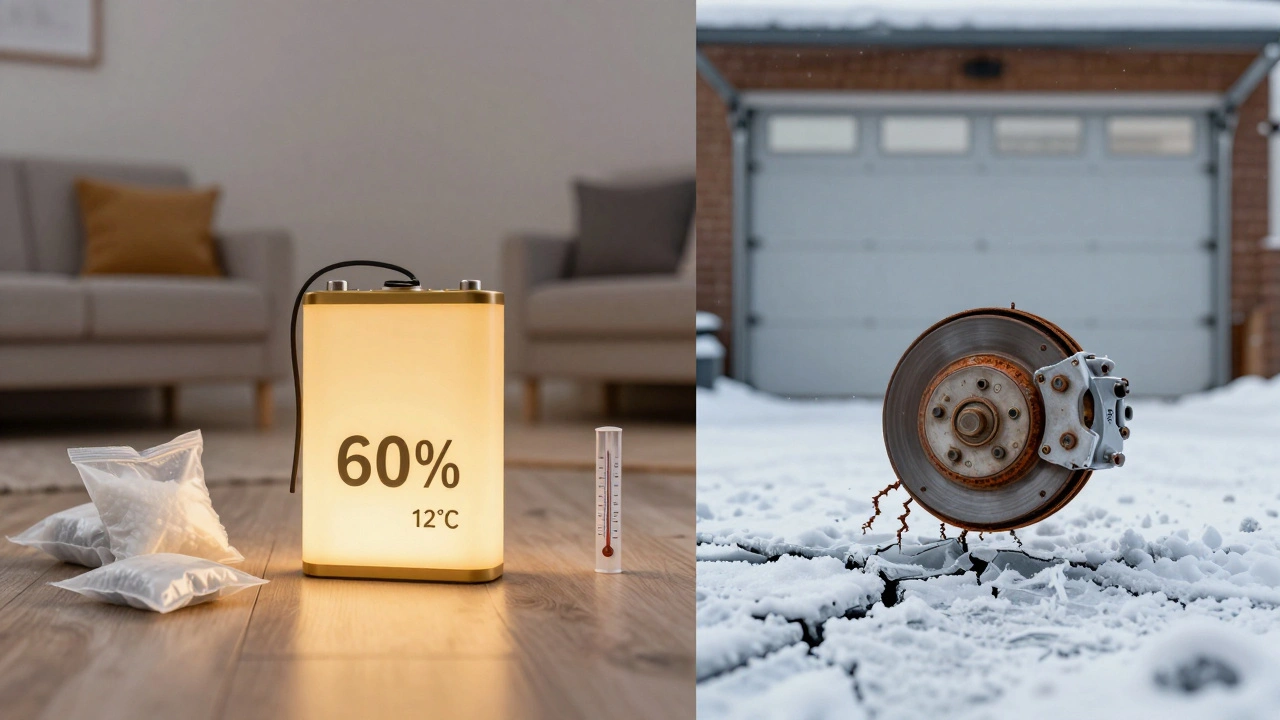 Aufgespaltete Batterie: eine Seite warm und gesund, die andere gefroren und beschädigt.