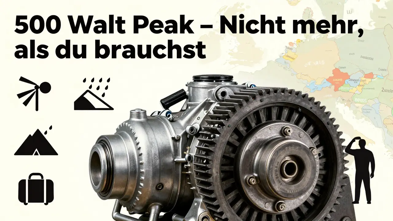 Detailansicht eines E-Bike-Motors mit Symbolen für Berg, Wind und Gewicht, im Stil eines deutschen Technik-Posters.