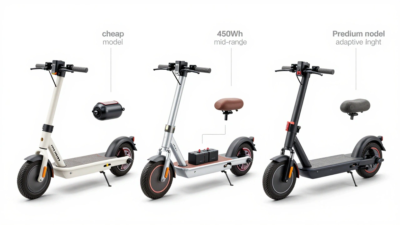 Drei Elektroroller im Schnitt, mit unterschiedlichen Akkus, Motoren und Rahmenmaterialien, vergleichend dargestellt.
