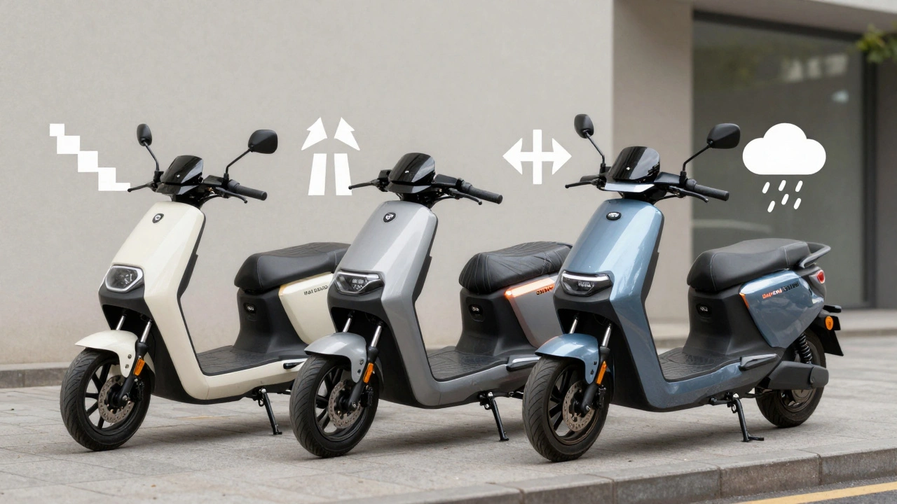 Drei Elektroroller nebeneinander: leicht, mittel, schwer — jeweils mit Symbolen für Tragbarkeit, Geschwindigkeit und Wetterfestigkeit.