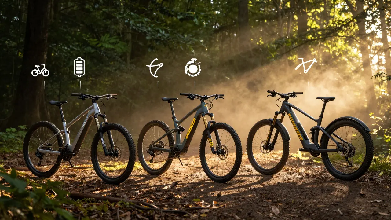 Drei verschiedene E-Bikes auf einem Waldweg bei Sonnenuntergang: leicht, robust und schwerlastig.