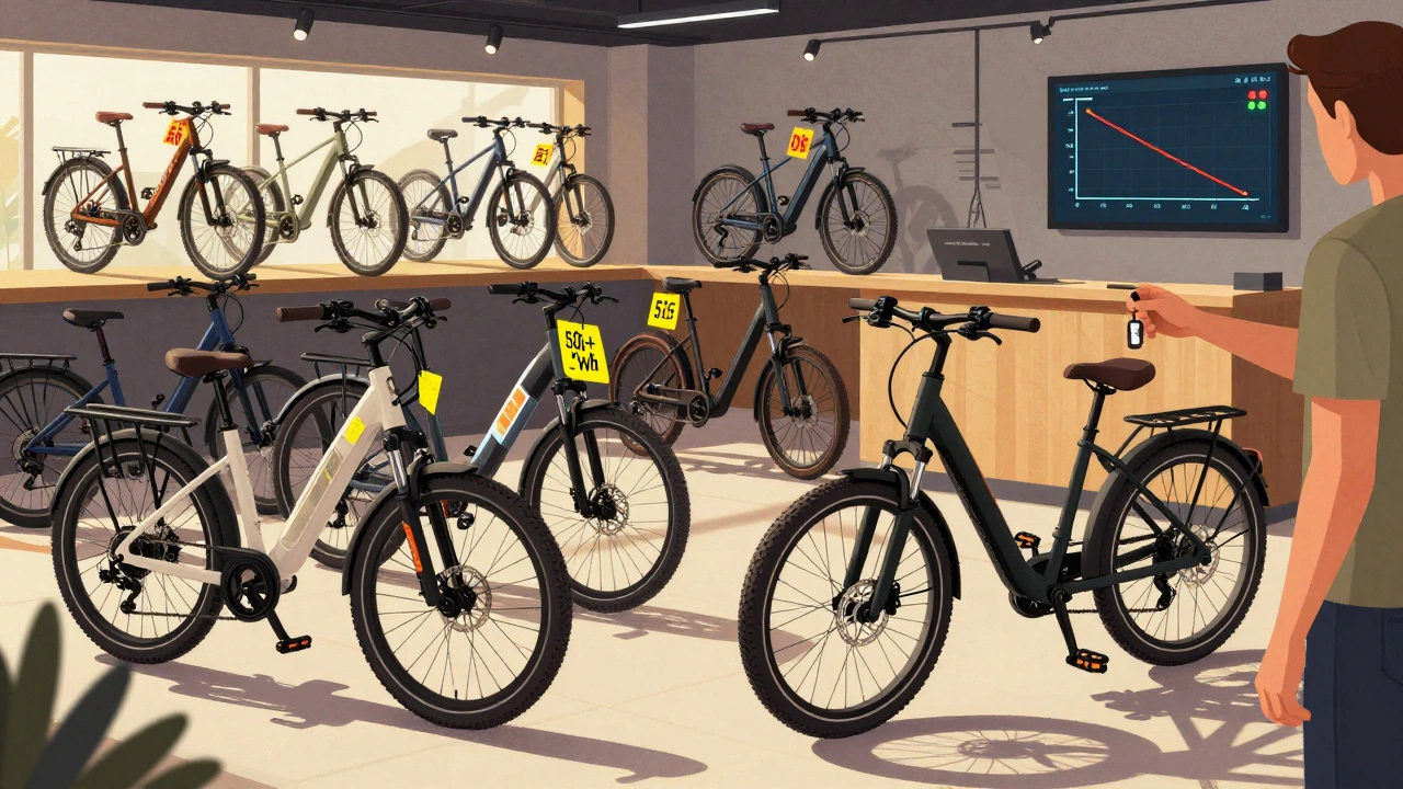 E-Bike-Verkaufsraum im September mit neuen Modellen im Hintergrund und verkaufte Vorjahresmodelle vorne.