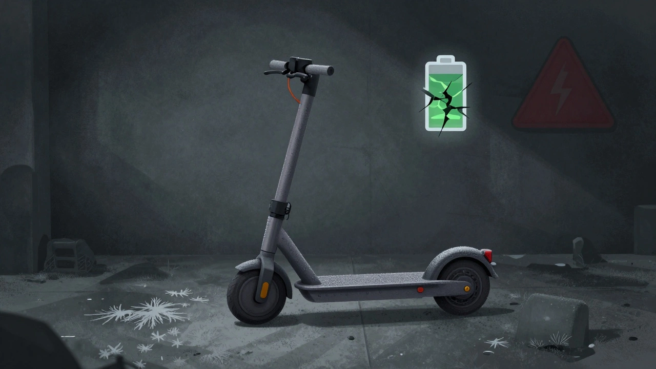 E-Roller in einem feuchten Keller mit Kondenswasser und Rost, symbolisch beschädigte Batterie.