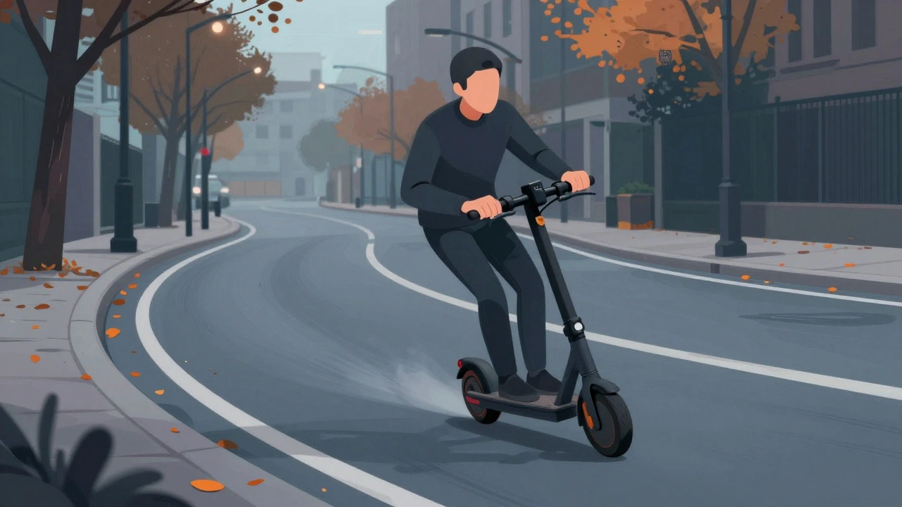 E-Roller in einer Kurve, vorher abgebremst, herbstliche Blätter auf nassem Asphalt, ruhige Fahrweise.