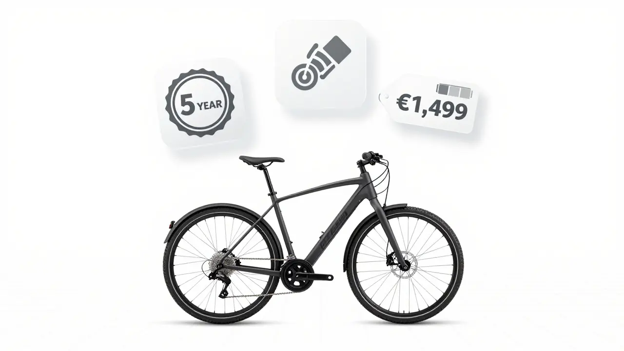 Ein Concerto E-Bike mit symbolischen Icons für Motor, Akku und Garantie auf weißem Hintergrund.