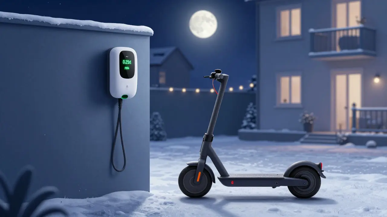 Ein Elektroroller lädt nachts an einer Wandbox in einem winterlichen Innenhof.