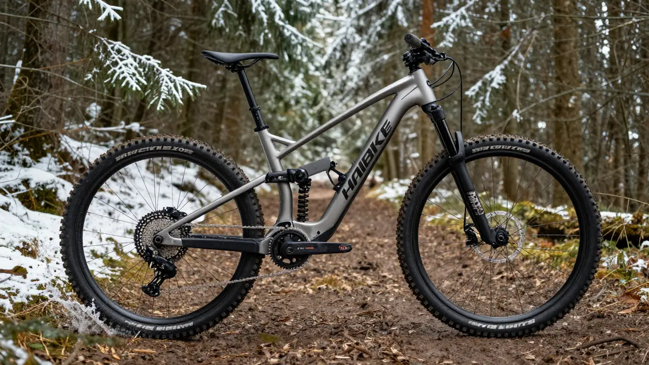 Ein Haibike E-Bike befährt einen schlammigen Waldweg in Bayern mit Schnee im Hintergrund.