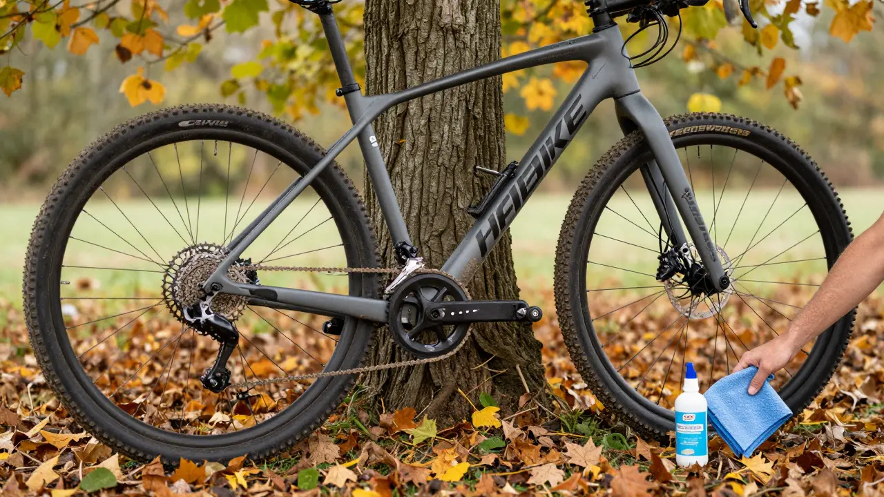 Ein Haibike E-Bike steht im Herbst unter einem Baum, mit Serviceaufkleber und Reinigungstuch – Symbol für langlebige Pflege.