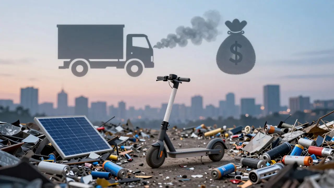 Ein kaputter E-Scooter in einer Mülldeponie, neben gebrauchten Batterien und einem Diesellaster-Schatten.