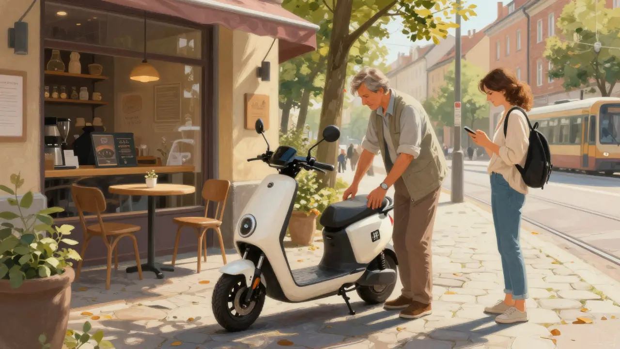 Ein lokaler E-Roller in Leipzig steht vor einem Café, ein Nutzer justiert den Sitz, umgeben von cobblestones und Bäumen.