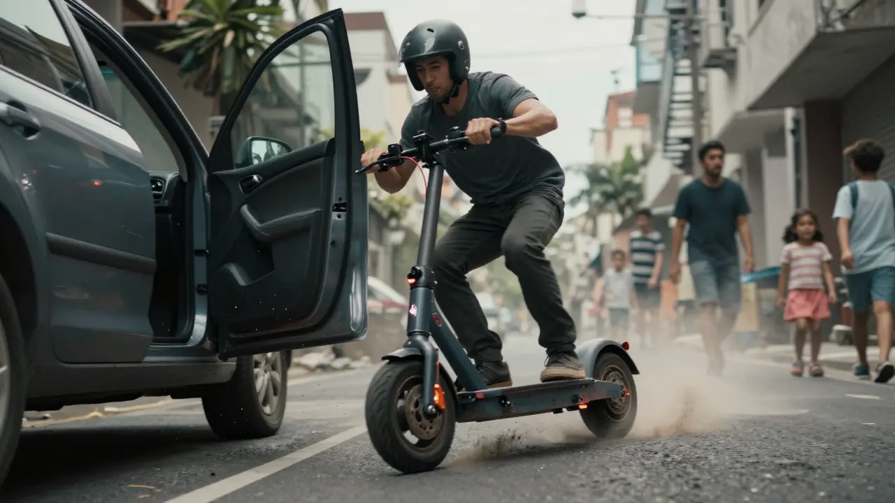Ein ungesicherter Roller mit 60 km/h rast durch eine Stadtstraße, gefährlich nahe an einer geöffneten Autotür.