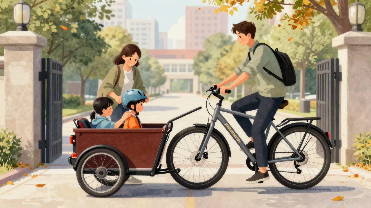 Eine Familie transportiert zwei Kinder mit einem Lasten-E-Bike vor einer Schule, stabil und sicher.