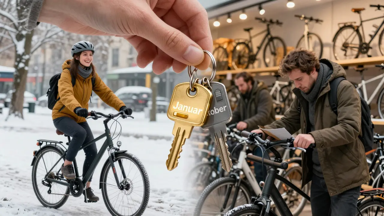 Eine Hand hält zwei Schlüssel: 'Januar' leuchtet golden, 'Oktober' ist dunkel – Symbol für sparsames E-Bike-Kaufverhalten.