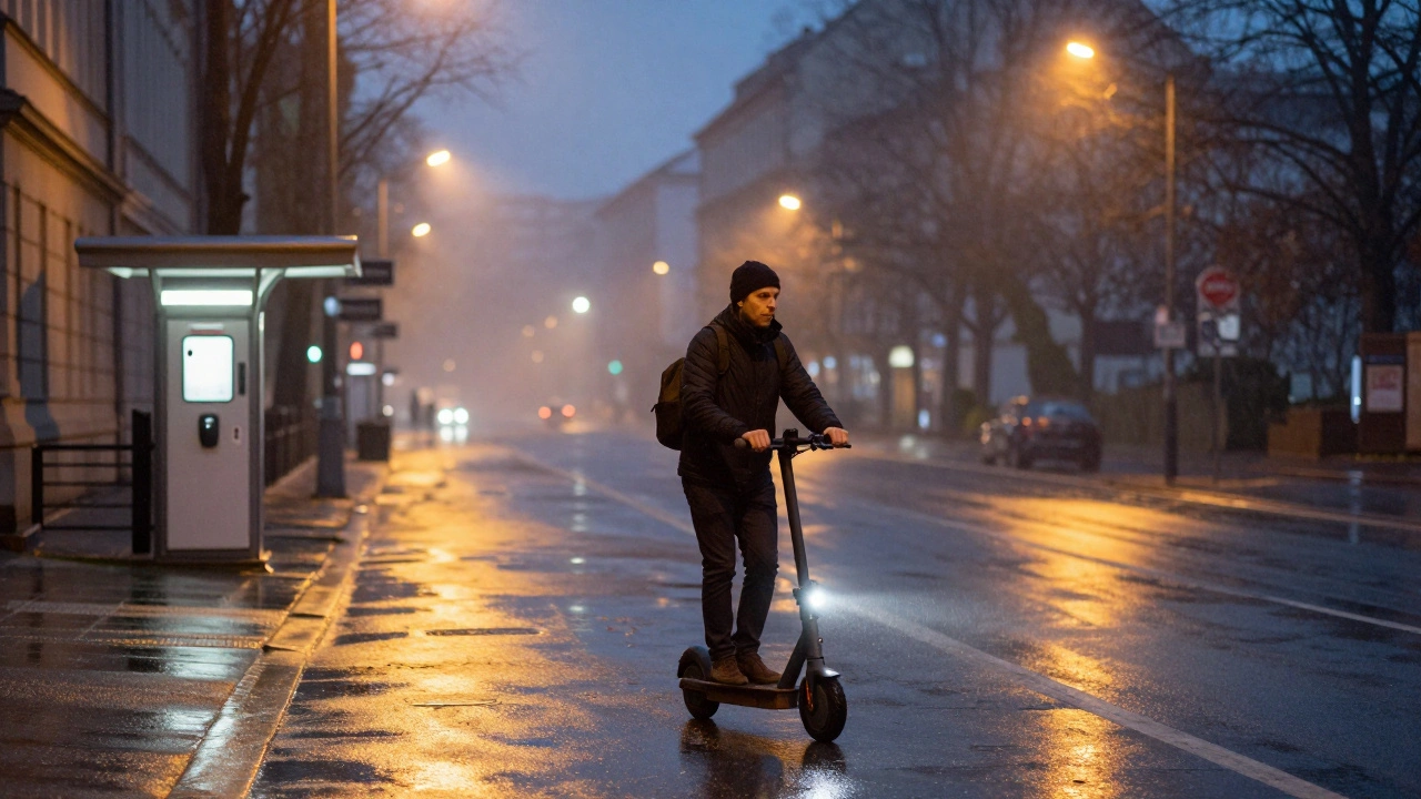 Eine Person fährt bei Regen mit einem Elektroroller durch eine beleuchtete Straße in Leipzig.