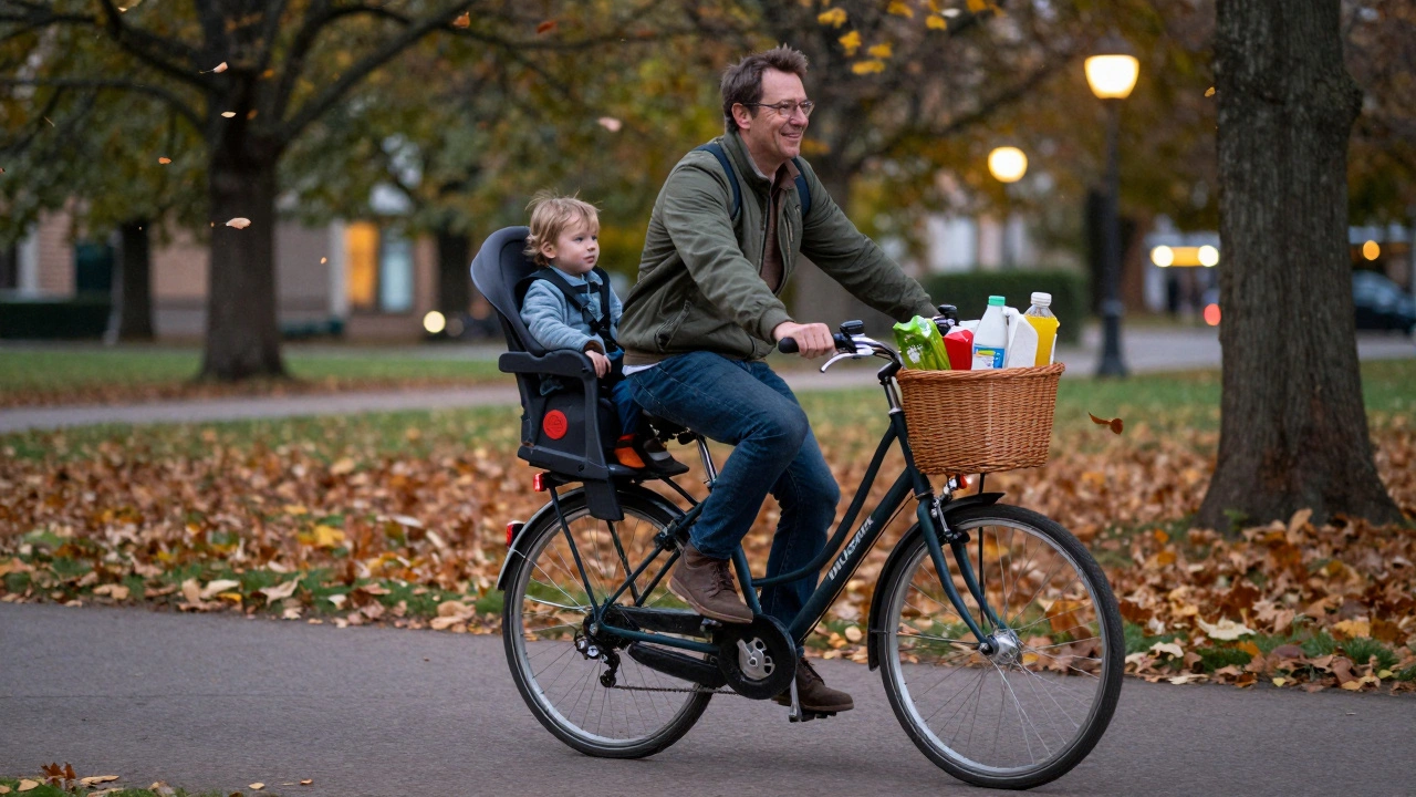 Eine Person fährt mit einem E-Bike und Kindersitz durch einen herbstlichen Park bei Dämmerung.