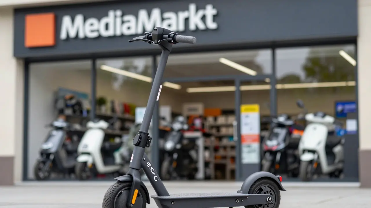 Eine Person hält einen neu gekauften Segway Ninebot MAX mit CE-Kennzeichen und Versicherungskennzeichen vor einem Elektronikmarkt.