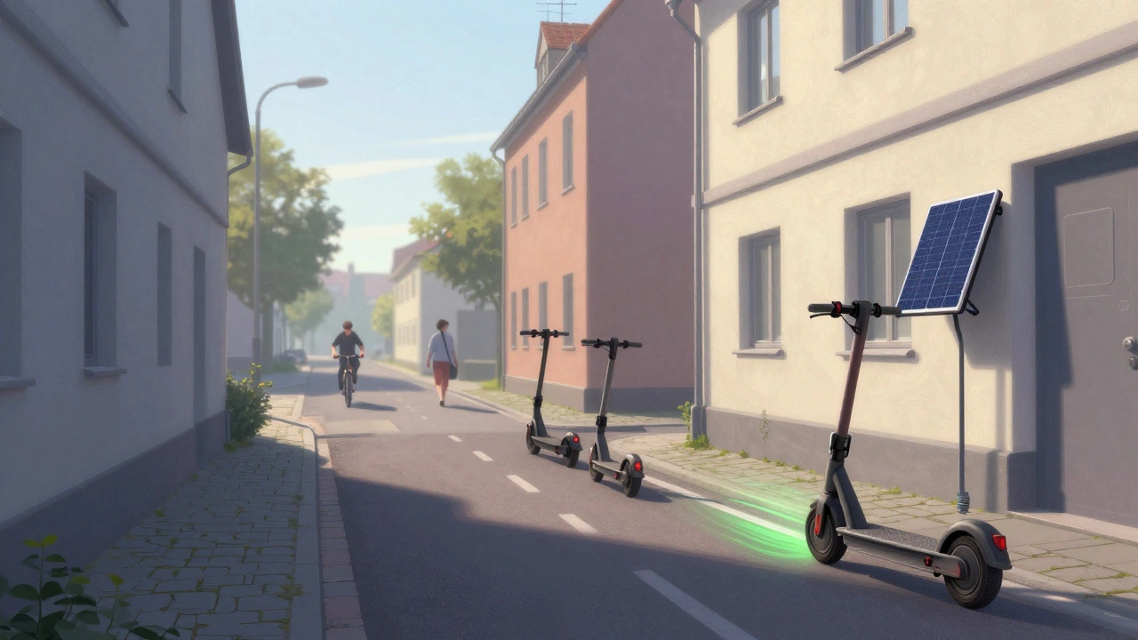 Elektroroller an einer Solarladestation in einer deutschen Stadt bei Morgendämmerung.