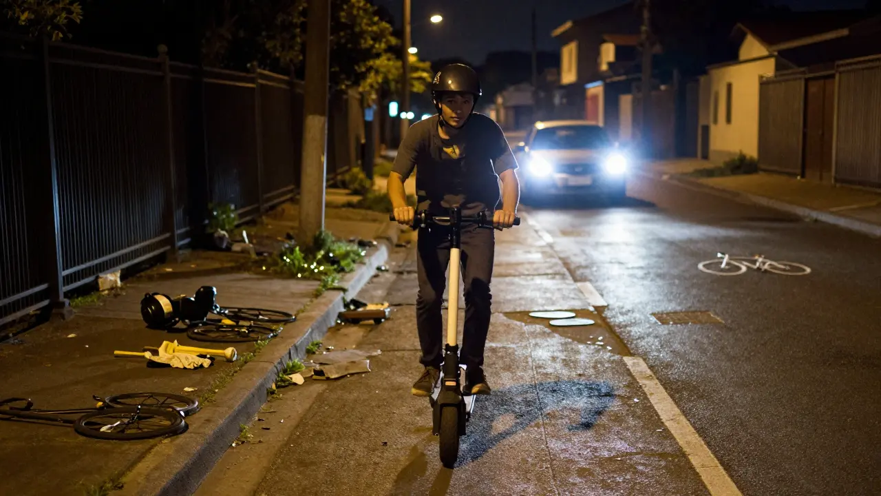 Jugendlicher fährt nachts ohne Helm und Licht auf einem E-Scooter durch eine dunkle Straße.