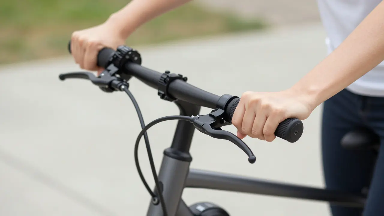 Nahaufnahme der Hände einer Frau an einem schmalen E-Bike-Lenker mit leicht bedienbaren Bremshebeln.