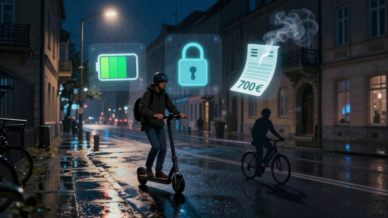 Rider im Regen mit durchscheinenden Kosten-Icons über sich, Stadt im Hintergrund, nächtliche Beleuchtung.